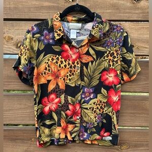 Vintage Coldwater Creek Women’s Floral Leopard Print Short Sleeve Button Up